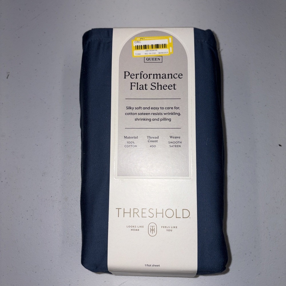 Threshold Performance 100% Cotton Sateen QUEEN Flat Sheet Blue 400 TC Smooth